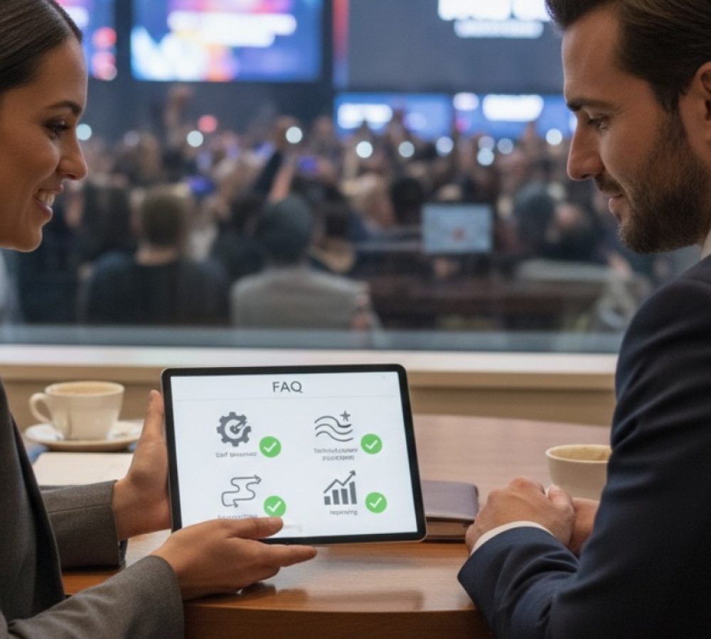 Two event professionals reviewing a tablet with an FAQ screen while a large crowd and stage lights are visible in the background.